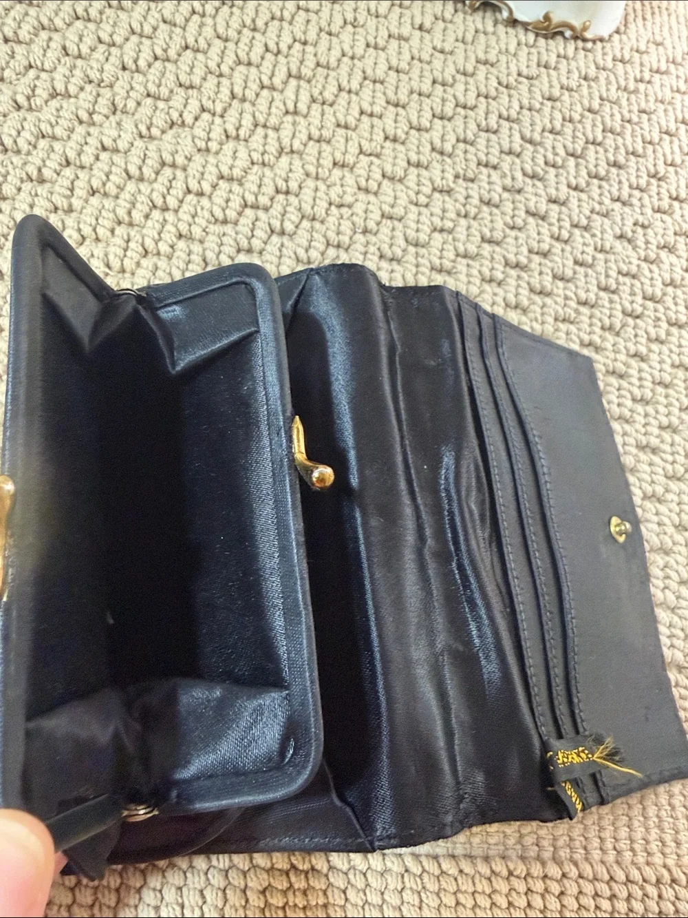 Vintage Made in France Black Satin Embroidered Floral Clutch Wallet